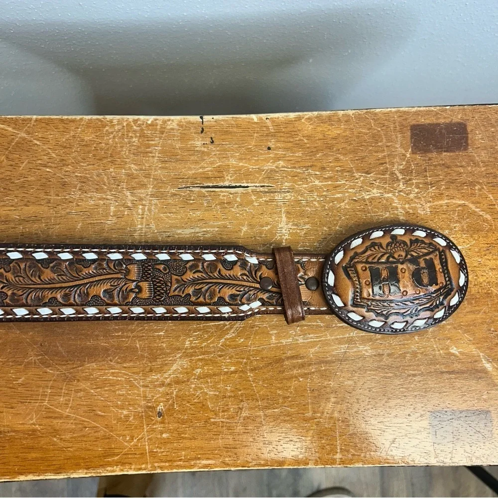 Vintage Roger RH Brown Leather Belt Custom Buckle Tony Lama Western Southwestern